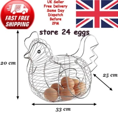 Chrome Wire Chicken Hen Egg Basket Holder Kitchen Storage Rack Eggs Container - Image 1 of 4