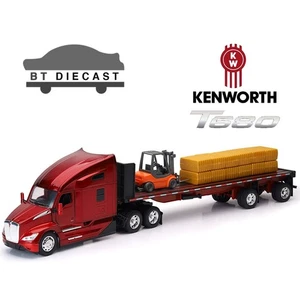 NEW RAY KENWORTH T680 FLATBED with HAY & FORKLIFT 1/32 RED 12753 - Picture 1 of 1