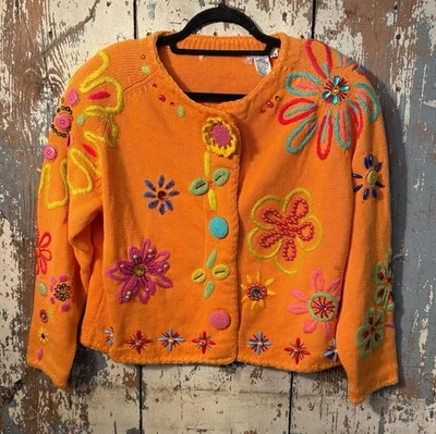 Suéter Cárdigan Michael Simon Vintage, Naranja Bordado Flores Floral Foto 1 de 4