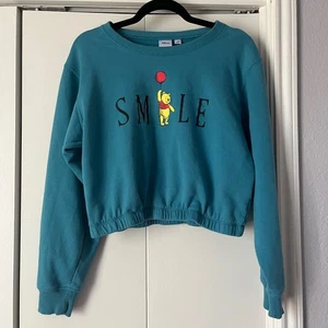 Disney Winnie The Pooh Smile Teal Blue Crop Top Sweatshirt - Large - Picture 1 of 4