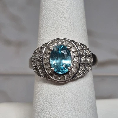 Anillo moderno KH India plata esterlina 925 topacio azul circonita cúbica transparente talla 7 Foto 1 de 4