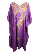 Boho Kaftan Dress Purple Hand Embroidered Casual Housedress Loose Flowy Caftan