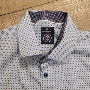 CON.STRUCT Shirt Mens Medium White Blue Polka Dot 4 Way Stretch Slim Flip Cuff - Picture 1 of 8