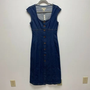 Madewell Blue Denim Square Neck Cap Sleeve Button Up Midi Shirt Dress 4 $138 New - Picture 1 of 9