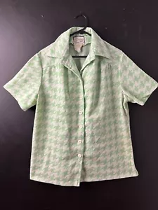 Vintage Australian 1960s Verlaine Ladies Shirt Green Houndstooth Crimplene AU 16 - Picture 1 of 6