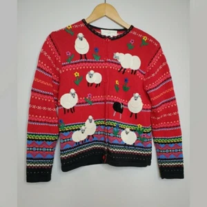 Susan Bristol Red Sweater Cardigan with Sheep - Picture 1 of 8
