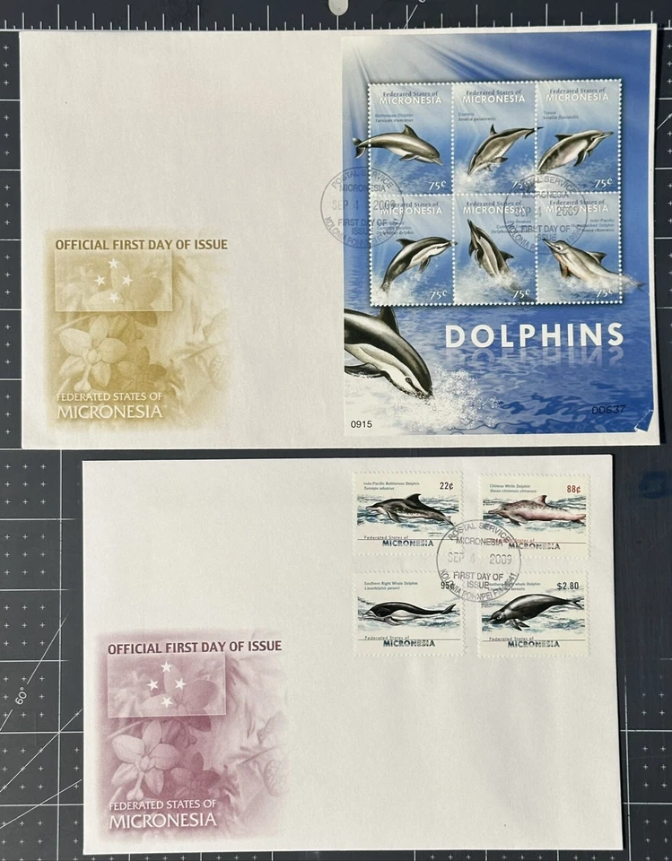 MICRONESIA 2009 2 FDC + Full Set Of Stamps, DOLPHINS (SC 824-28) - Image 1 of 1