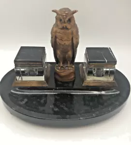 Antique German Bronze Owl Black Marble Base Double Crystal Inkwell desk Art Deco - Picture 1 of 18
