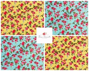 Floral 100% Cotton Poplin Fabric ROSE & HUBBLE Craft Quilting YELLOW/MINT ROSES - Picture 1 of 3