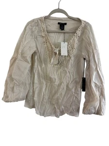 BCBG Max Azria Cream Cotton Peasant Blouse With Gold Sequin Detail Size M - Picture 1 of 5