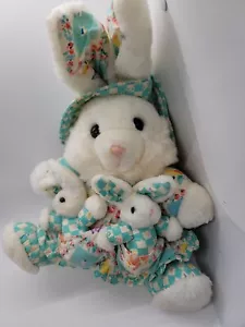 Vintage Dan Dee 10 Zoll Hase Kaninchen mit Blumenkleid & Babys Stofftier Plüschtier Ostern - Bild 1 von 13