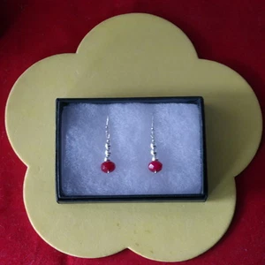 Superb 925 Silver Earrings With Faceted Indian Ruby 3 Cm. Long + Hooks In Box - Picture 1 of 5