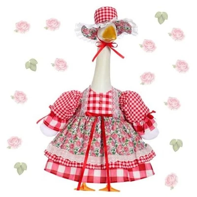 花鹅套装适用于23英寸塑料雕像草坪门廊鹅红玫瑰 — 第 1/4 张图片