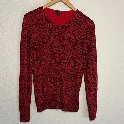Cárdigan Suéter Ann Taylor Rojo Guepardo Estampado Animal Seda Cachemira Medio Otoño Foto 1 de 4