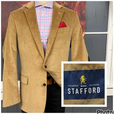 Stafford Corduroy Blazer Sport Coat Mens 44L Long Cotton Stretch Khaki Brown - Image 1 of 4