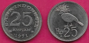 INDONESIA 25 RUPIAH 1971 UNC 1 YEAR TYPE,VICTORIA CROWNED PIGEON(GOURA VICTORIA) - Picture 1 of 1