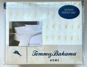 NIP Tommy Bahama Pineapple Pinstripe Yellow 4 Pcs 100% Cotton Queen Sheet Set 