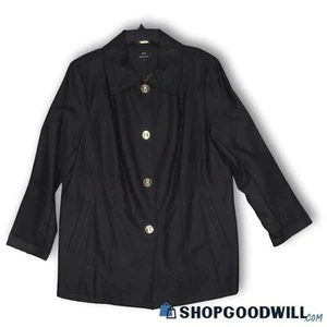Dennis Basso Womens Jacket Spread Collar Long Sleeve Black Faux Leather Size 1X - Picture 1 of 6