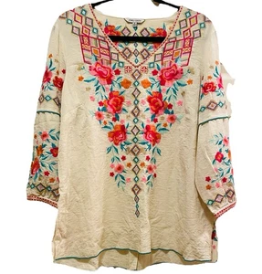 JOHN MARK Top Túnica Campesina Boho Floral Bordada Blanco Off Talla M - Imagen 1 de 7