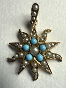 ANTIQUE VICTORIAN 9CT GOLD PLATED TURQUOISE AND SEED PEARLS STARBURST PENDANT - Picture 1 of 4