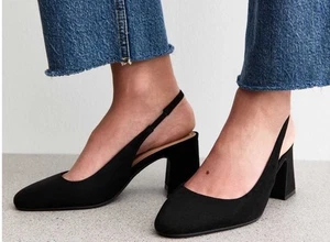 NewLook Ladies Comfort Suede Block Heel Slingback Court Shoe Black 5 WIDEFIT New - Picture 1 of 10