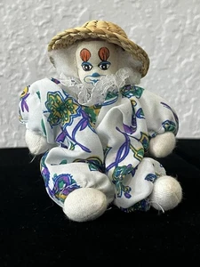 Bambola pagliaccio sacco sabbia vintage da collezione viso dipinto sabbia corpo cappello paglia floreale - Foto 1 di 10