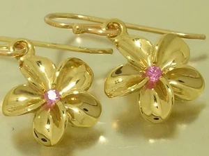 E050- Genuine 9ct Yellow Gold Natural Pink Sapphire Frangipani Drop Earrings - Picture 1 of 4