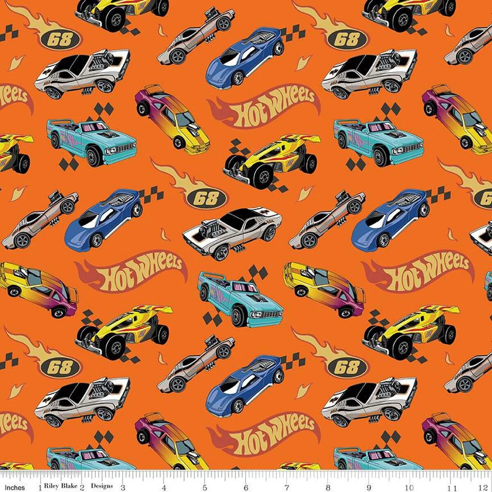 HOT WHEELS MADE TO RACE RILEY BLAKE RACE CARS ON ORANGE BOYS KIDS TOY FABRIC HY