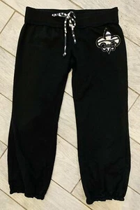 Miss Chievous Womens Small Black Drawstring Sweatpants Fleur de Lis Patch - Picture 1 of 7