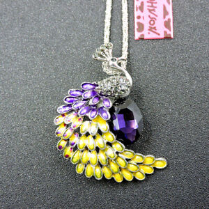 Free Shipping Charm Purple Crystal Enamel Peacock Pendant Chain Necklace/Brooch