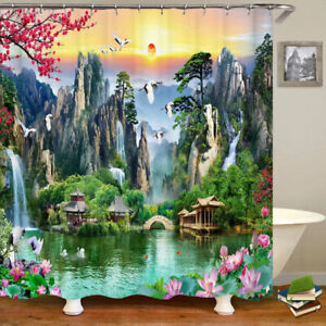 Oriental Gardens Waterproof Shower Curtain Bath Mat Toilet Lid Cover Set