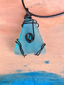 Strand Glas blau Anhänger Meer Glas Ozean Halskette Draht gewickelt Handarbeit 4174 B - Bild 1 von 11