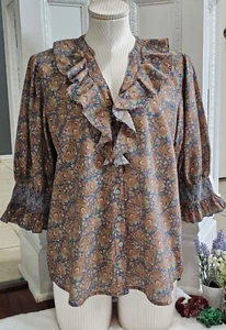 Sundance Jeanie Volantes Floral Top Botón Frontal Algodón 100% Puff Boho Otoño Talla S - Imagen 1 de 9