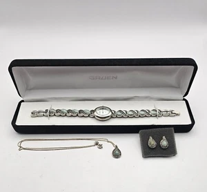 Gruen Watch Green Jadeite Marcasite Bracelet With Earrings and Necklace Set - Picture 1 of 14