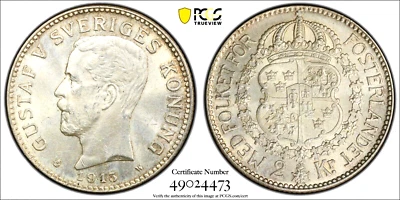 1913 Sweden 2 Kronor, PCGS MS 62, KM-787 - Image 1 of 2