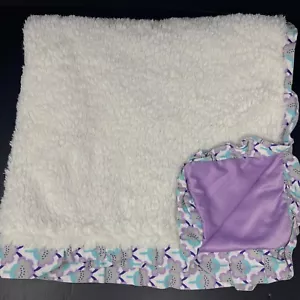 Peanutshell White Baby Blanket Faux Fur Purple Satin Ruffle Floral Trim Lovey - Picture 1 of 6