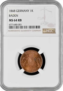 Baden 1 kreuzer 1868, NGC MS64 RB, "Grand Duke Frederick I (1856 - 1907)" - Picture 1 of 2