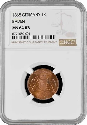 Baden 1 kreuzer 1868, NGC MS64 RB, "Grand Duke Frederick I (1856 - 1907)" - Image 1 of 2