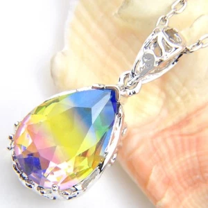 Newest Rainbow Drop Dazzling BI-Color Tourmaline Silver Chain Pendants Necklaces - Picture 1 of 6