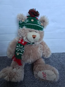 Teddybär Plüsch braun Weihnachten rot grün Strickmütze Schal Holzknöpfe Stofftier  - Bild 1 von 7