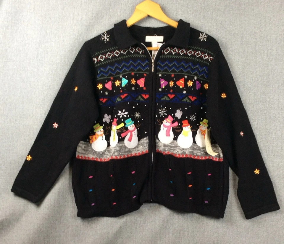 Lord & Taylor Cárdigan Suéter Negro Muñeco de Nieve Navidad Vacaciones Bordado Talla XL Foto 1 de 4