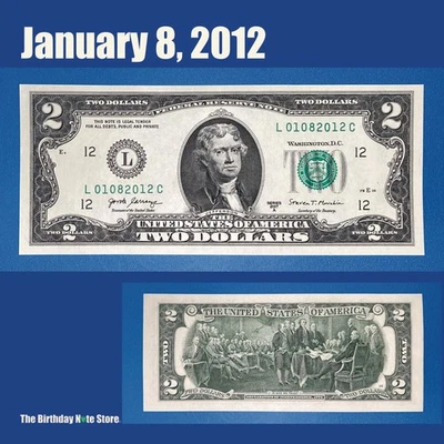 January 8, 2012 Birthday Anniversary $2 Two Dollar Bill Serial Number 01082012 - Image 1 of 2