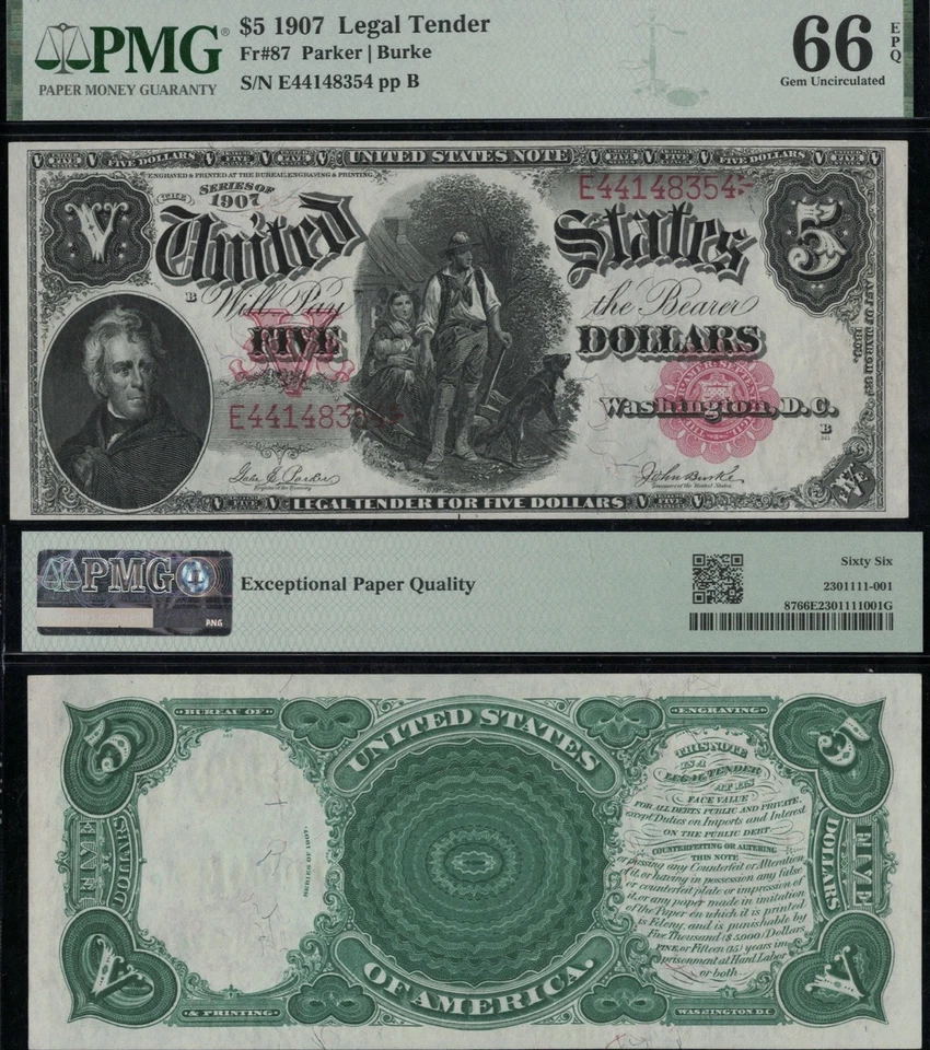 SC 1907 $5 Fr.87 Legal Tender Woodchopper Red Seal PMG 66 EPQ GEM Uncirculated - Image 1 of 4