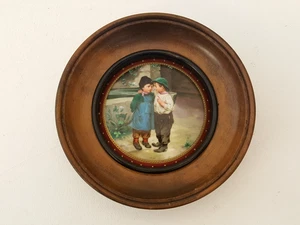 Vintage Gemälde auf Porzellan gerahmt Kinder kleines Mädchen & Junge rund klein - Bild 1 von 13