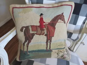 Cuscino punto ago Equestrian wCoat of Arms stile Aubusson francese Petit Point #2 - Foto 1 di 14