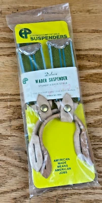 Vintage X Back Wader Suspender Green Blue Strip Adjustable Leather Button Loops - Image 1 of 4
