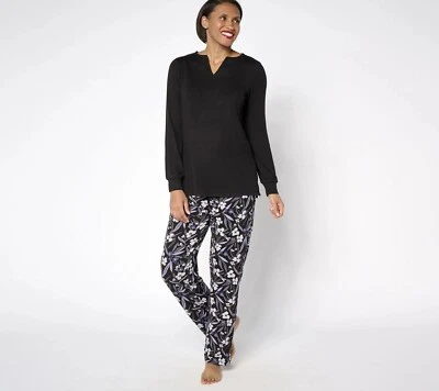 Conjunto de pijama tejido suéter cepillado Stan Herman talla grande negro floral ropa de dormir Foto 1 de 4