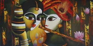 Pintura hecha a mano de Radha Krishna de arte religioso hindú sobre lienzo 50x25 pulgadas - Imagen 1 de 6
