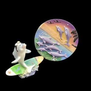 Whimsical Dolphin Figurine and Plate Surfing Porpoise Novelty Collectibles Lot 2 - Picture 1 of 5
