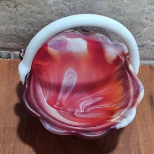 Orange Red Swirl Slag Glass Basket Candy Trinket Dish - Picture 1 of 13